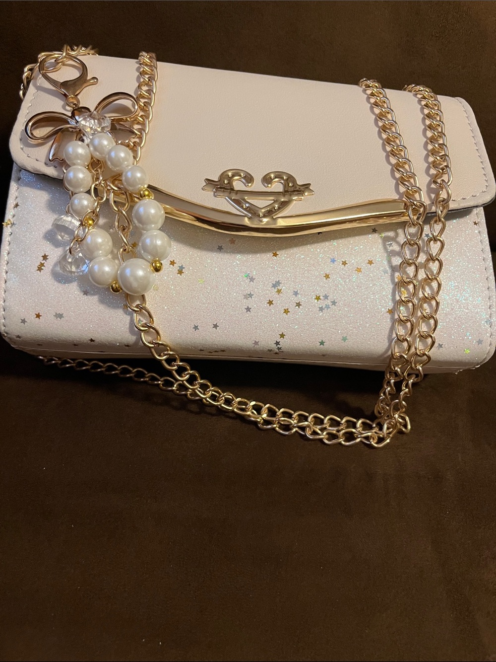 Pearlescent Cream Star Accent Crossbody Bag with Pearl Charm